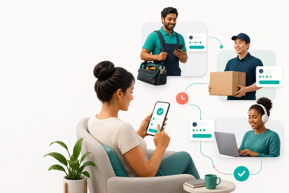 A customer connects with local and remote professionals through Kaamza