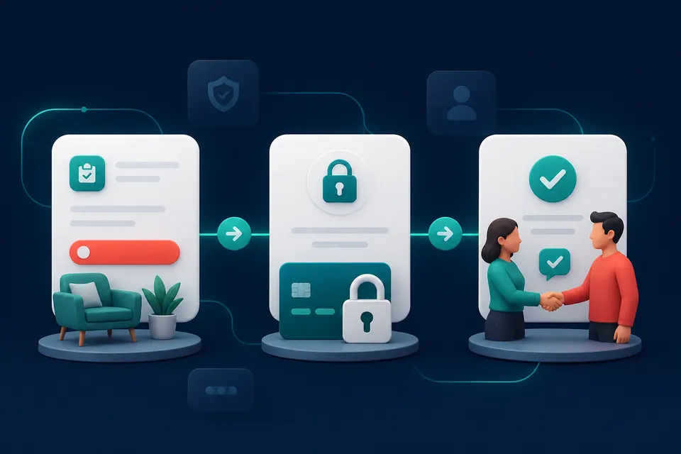 Three transparent marketplace stages: agreement, payment state and completion